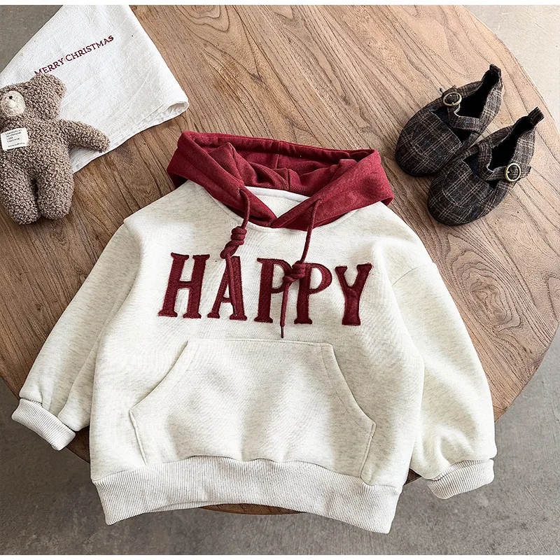 

Toddler Kids Boy Sweatshirt Happy Embroidery Thicken Warm Little Boy Hoodies Winter Hooded Patchwork Infant Boy Tops Sweatshirt