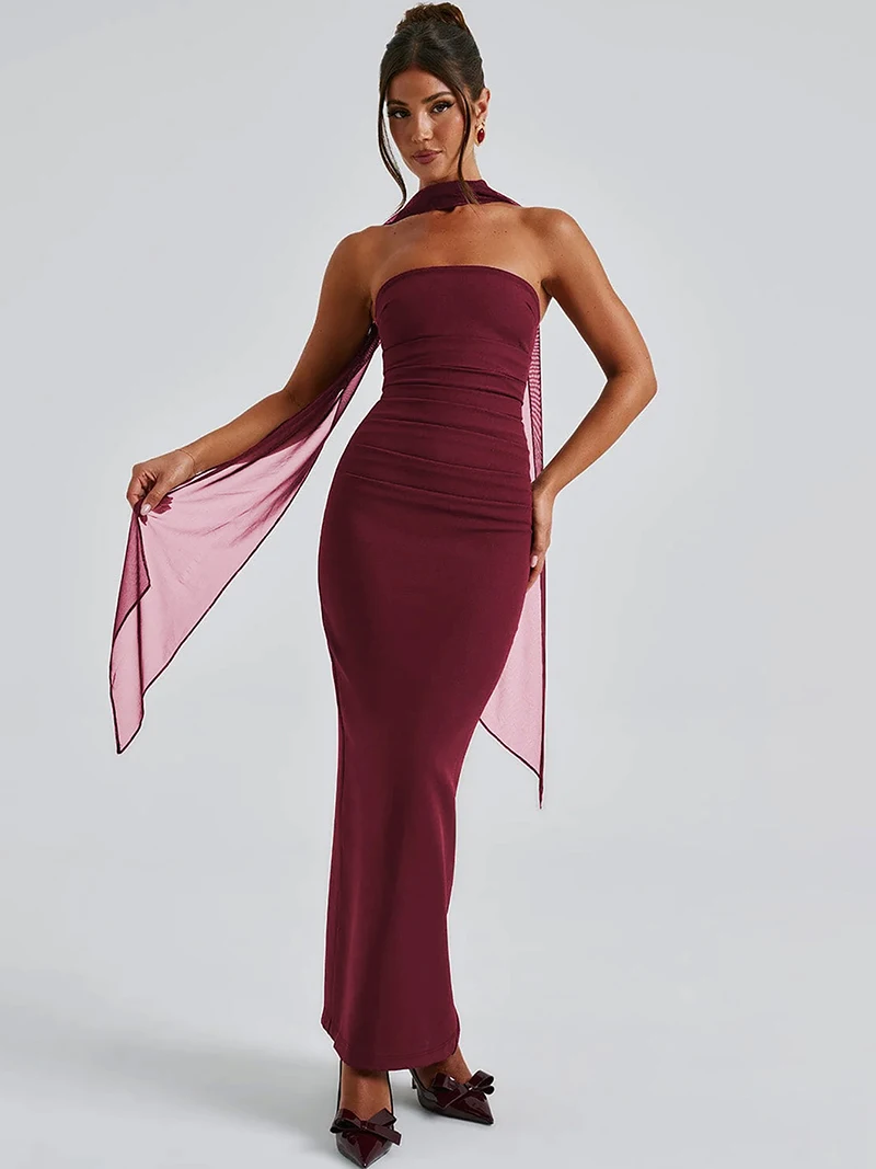 DGLUKE elegante sin tirantes Maxi vestidos mujer 2025 nuevo vestido largo ajustado con pliegues sin espalda vestido de fiesta de noche Borgoña con guantes