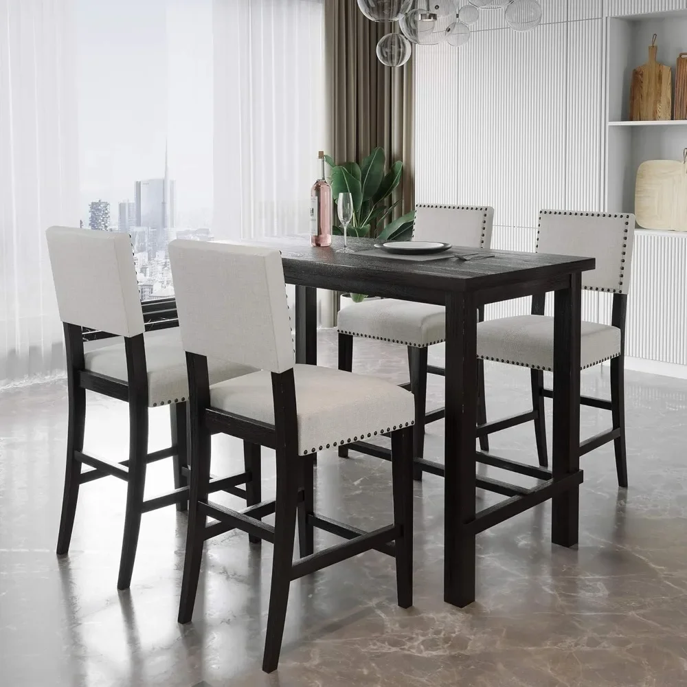 5 Piece Dining Set  Height Table Set with One Rectangle Table and 4 Cushioned Chairs for 4 Persons Dining Room Table Set