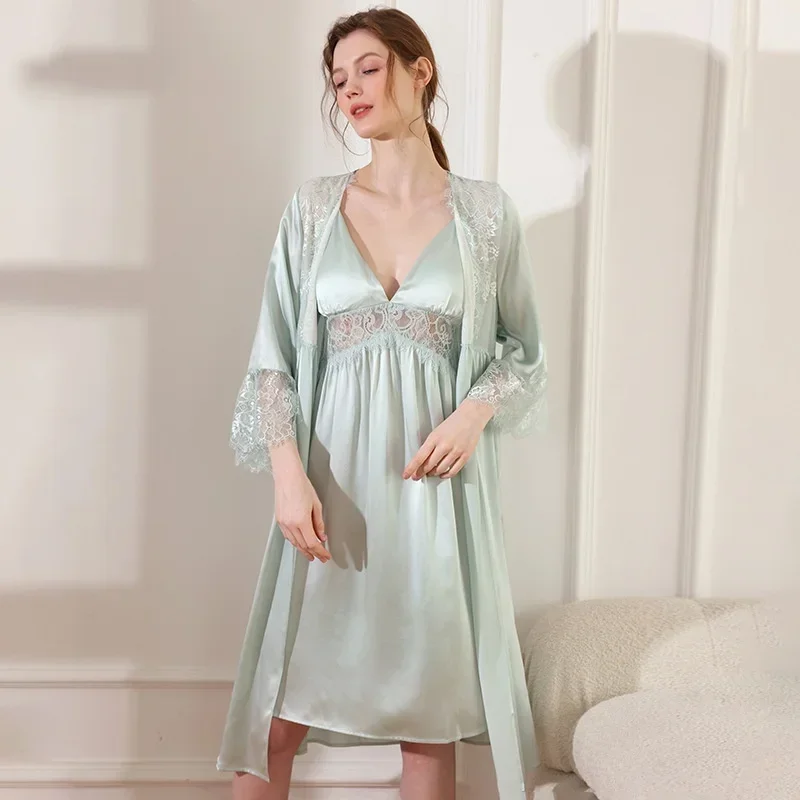 19 Momme 100% Mulberry Silk Robe & Nightgown Set Women's Sexy Lace Kimono Bathrobe with Dressing Gown Slip Nightdress Homewear