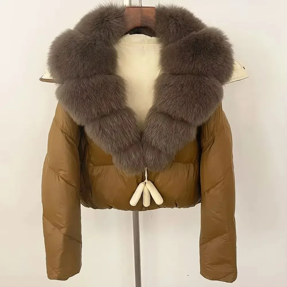 

Real Natural Fox Fur Collar Short Fur Coat Fashion 2025 Puffer Jacket Women Autumn Winter Thick Warm Casual White Duck Down Coat
