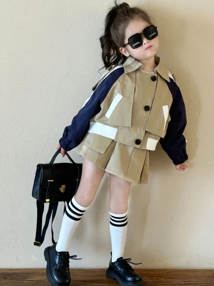 2024 Spring New Girl\'s Fashionable Spliced Coat and Pleated Skirt Two Piece Set for Korean Baby Fashion Workwear Set