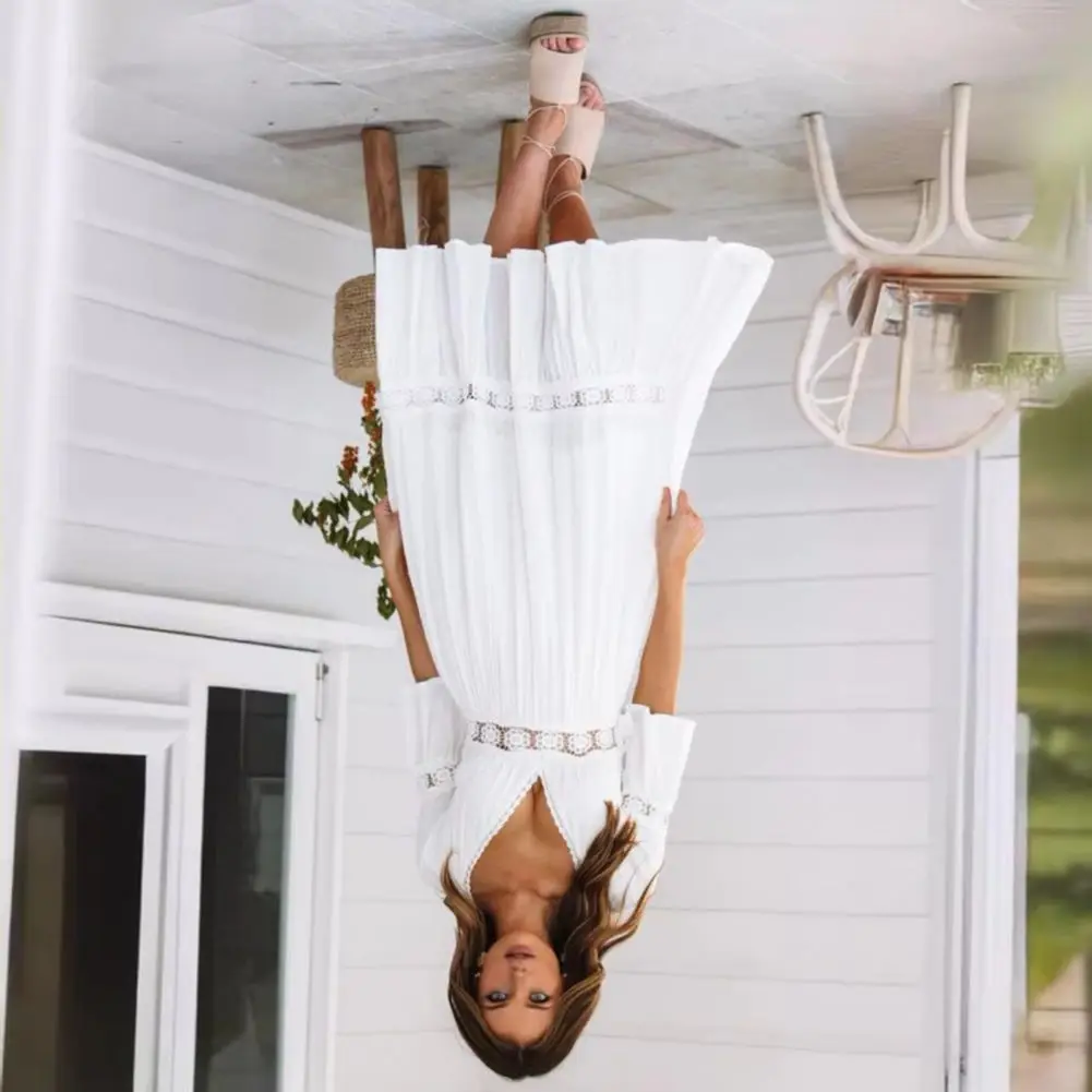 Vestido que abraza la cintura Vestido salvavidas Vestido bohemio de encaje floral con volantes y cuello en V para mujer Vestido fluido de una línea con mangas acampanadas Verano