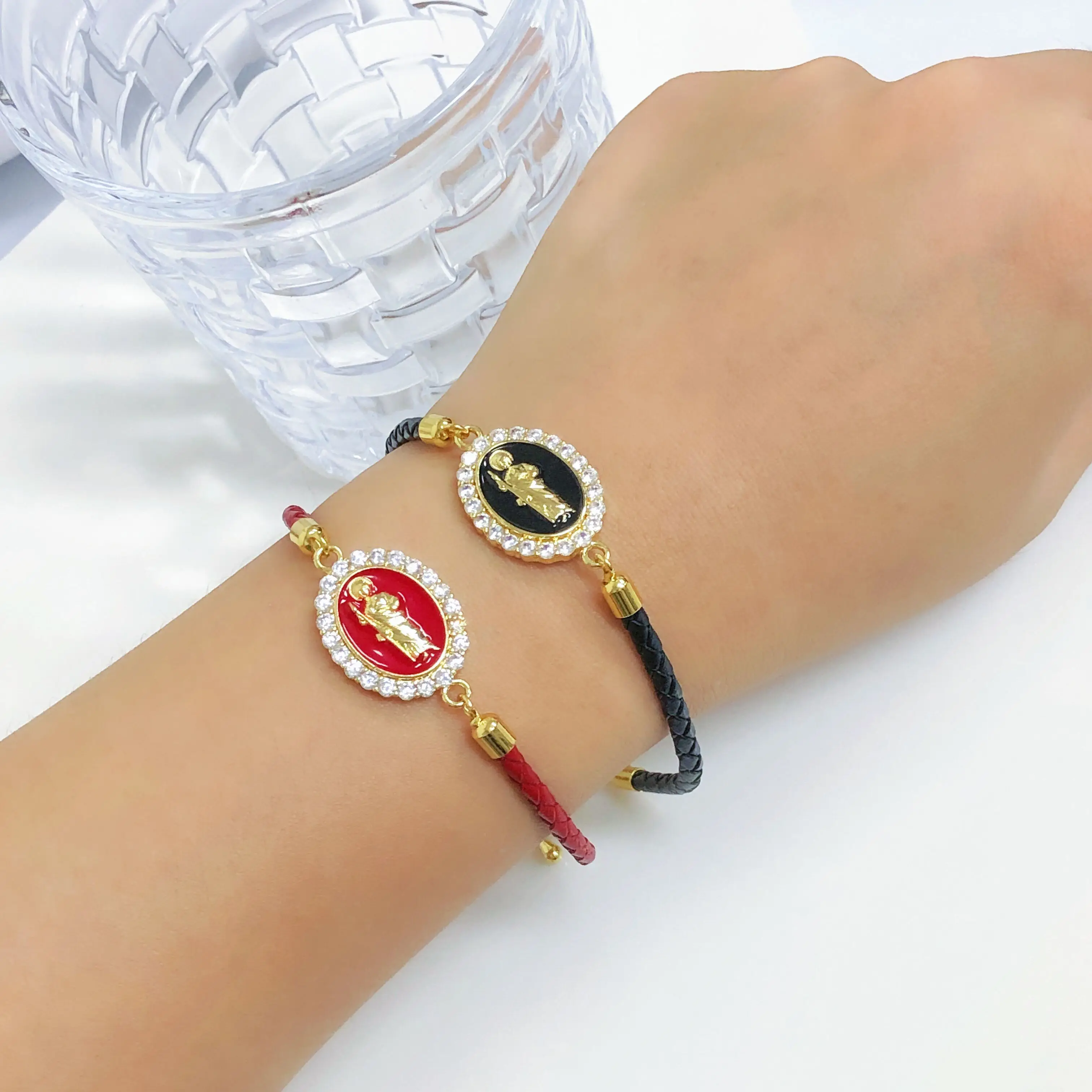 Nowa Modna Skórzana Pleciona Bransoletka z Figurką Religijną Matki Boskiej Świętego Jana Chrzciciela z Cyrkonią dla Kobiet i Mężczyzn, Biżuteria na Imprezę, Prezent Urodzinowy