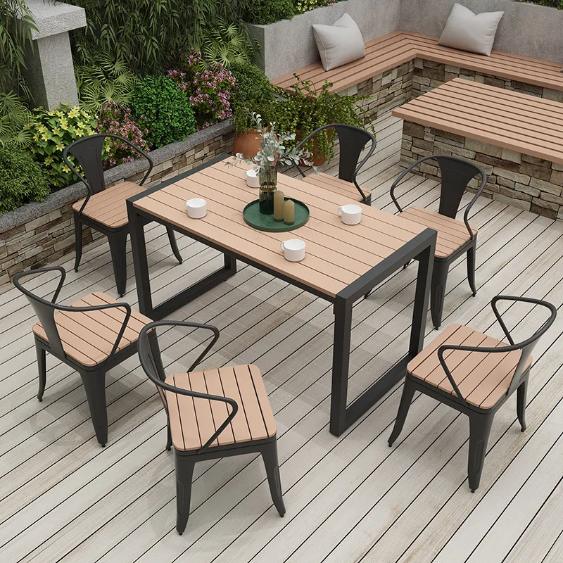 Modern Outdoor Table and Chair Set for Patio Garden Courtyard Balcony for Plastic Wood Strip Wrought Iron Furniture for
