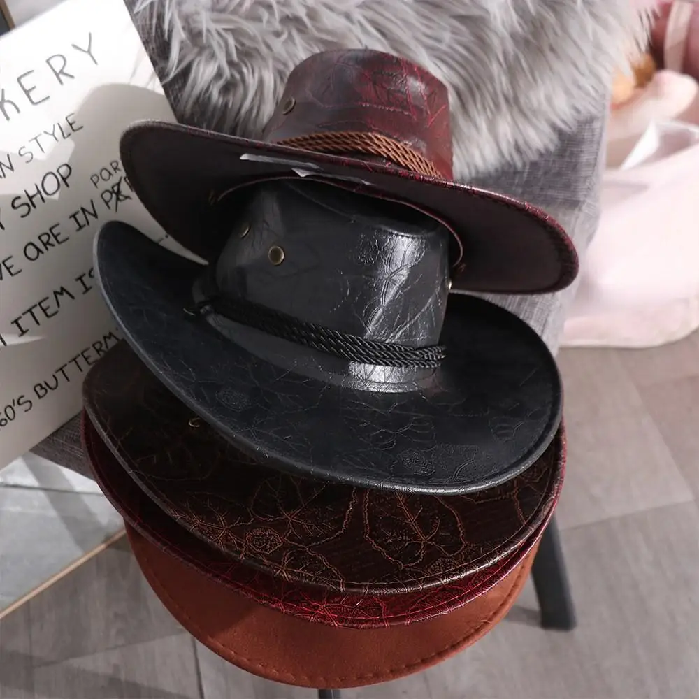 

Elegant Punk Knight Hat Men Bucket Hat Wide Brim Cycling Caps Sunscreen Caps Summer Sun Hats Western Cowboy Hats PU Leather
