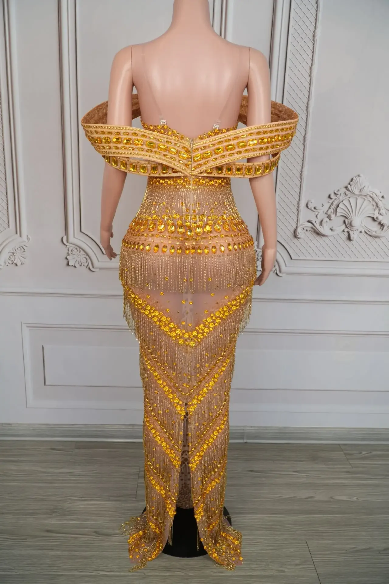 Glitter Gold Evening Dress Sexy Rhinestone Party Off Shoulder Chain Long Dress Gogo Clubwear Singer Stage Photoshoot Costume