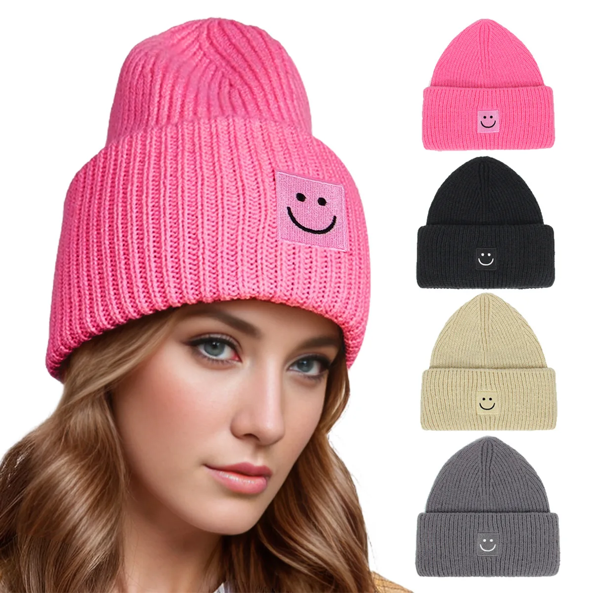 Autumn and winter new women\'s solid color smiling face embroidered woolen hat knitted warm men\'s pullover hat