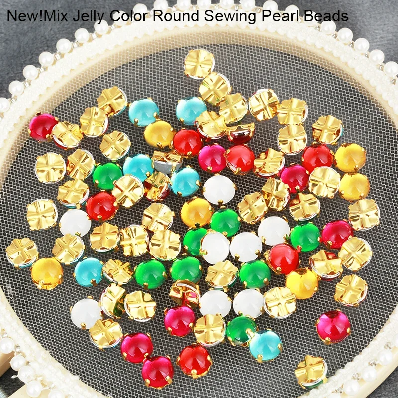 New!Mix Jelly Color Round Sewing Pearl Beads Flat back Gold Base Sew On Rhinestone Pearl For DIY Clothing Wedding Decoration