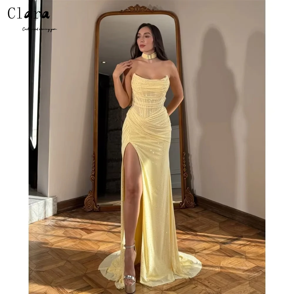 

Clara Custom Yellow Shiny Side Slit Fishtail Evening Dresses Ladies Wedding Guest Dresses for Woman Party Wedding Gala Dress