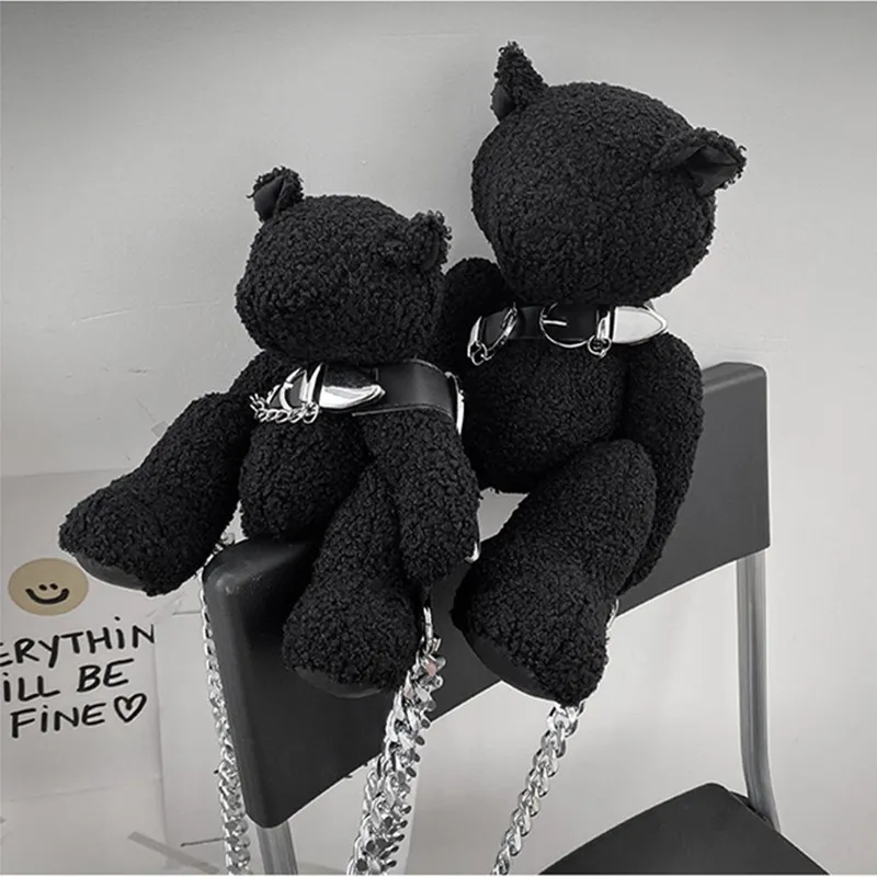 2023 Women Fashion Luxury Designer Handbag For Girls Cute Black Plush Doll Bear Purse Chain Zipper Casual Crossbody Shoulder Bag