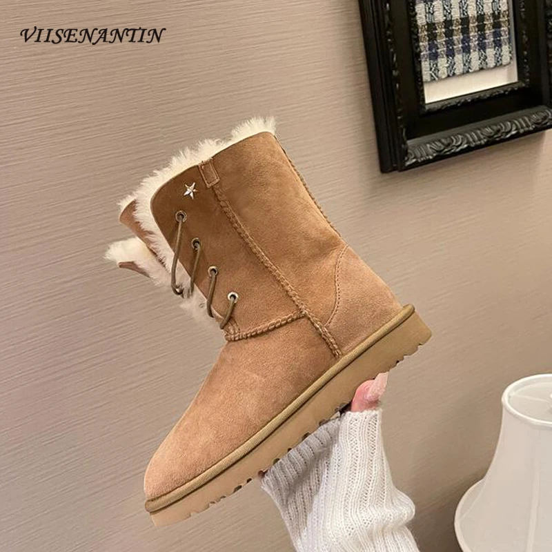 

Thick Bottommed Women Snow Boots New Winter Plush Inside Warm Fashion Trend Comfortable Short Boots Lace Up Muffin Shoes Females