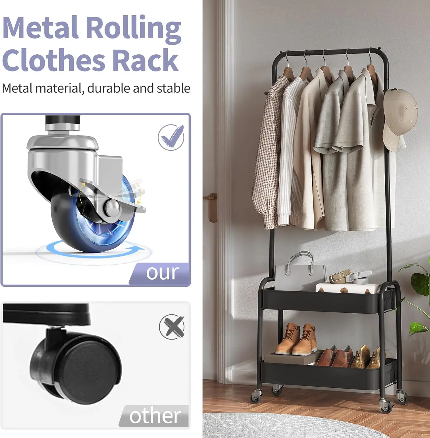 Portable Rolling Garment Rack with Wheels and Baskets, Black Metal Storage for Hanging Clothes