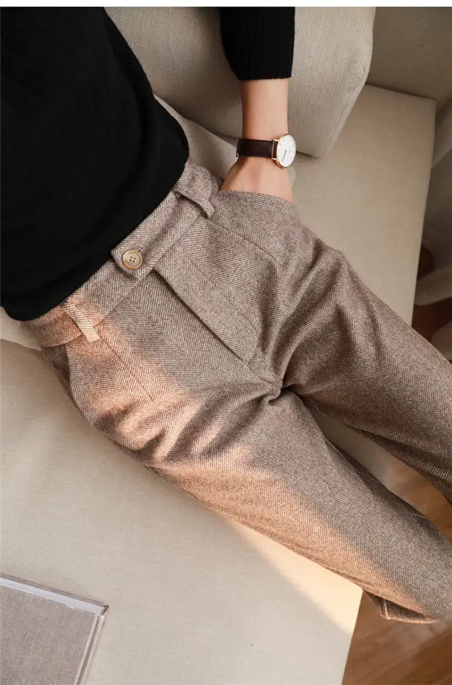 Wool Woolen Harem Trousers Women's Autumn and Winter New High Waist Slimming Ankle-Tied Suit Pants Loose Casual Cigarette Pants