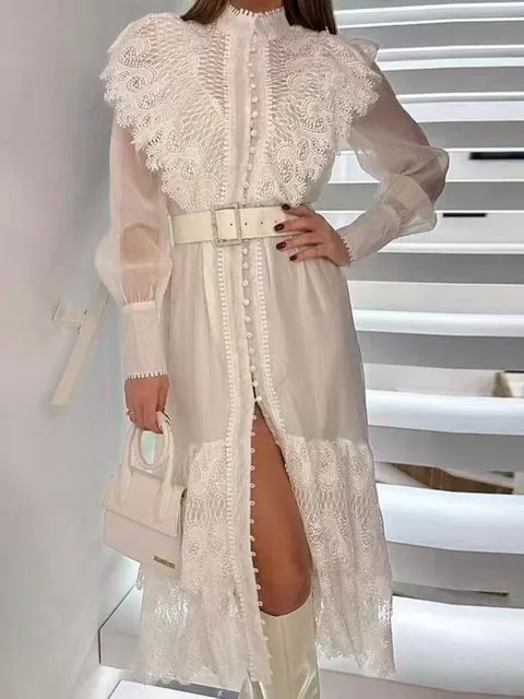 

White Spliced Lace Hollow Out Dress For Women Stand Collar Lantern Sleeve Patchwork Sashes Luxury Mid Dresses Female Fashion