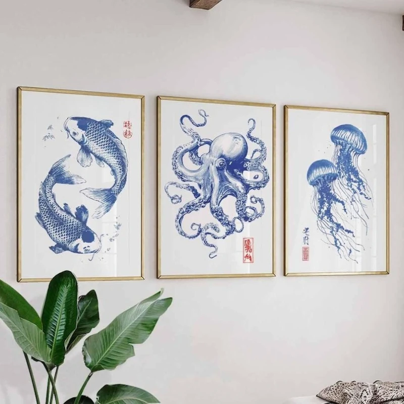 3pcs/set Japanese Blue Koi Fish Sea Fish Canvas Print Jellyfish Octopus Illustration Wall Art Poster for Coastal Home Decor Gift