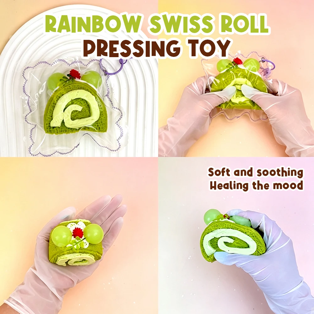 Rainbow Swiss Roll Fidget Stress Relief Toy Slow Rebound Simulated Dessert Cake Sensory Soft Squeezes Toy Adult Christmas Gifts