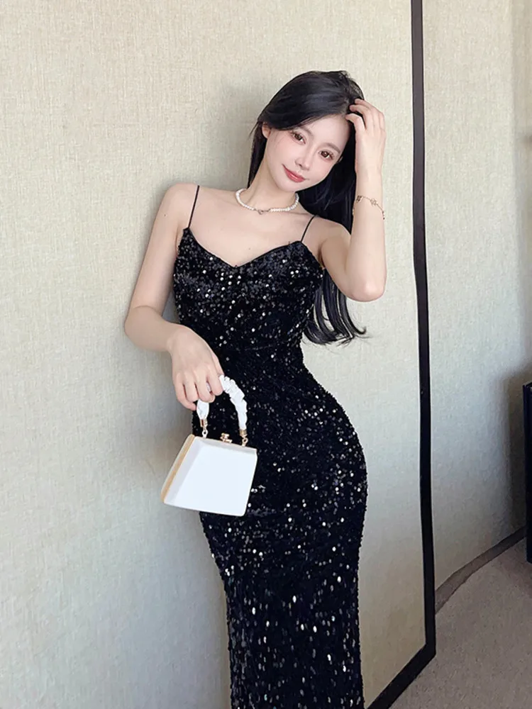 Elegant Pink Spaghetti Strap Sequin Sleeveless Open Back Long Dress 2023 Summer Party Dresses For Women