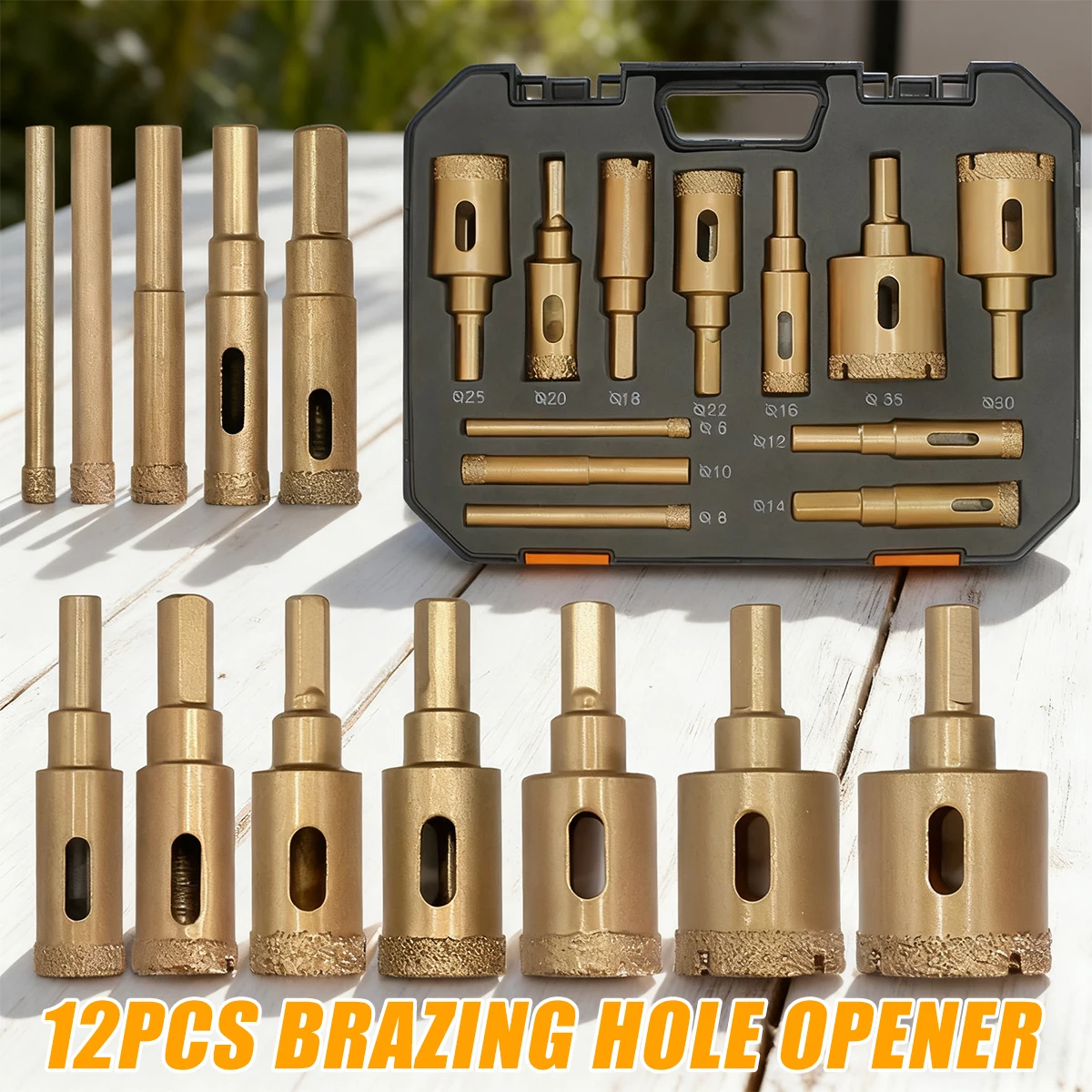 

Diamond gold12pcs 6-35mm Brazing drill bit set box Angle Grinder Hole Opener Glass Marble Granite Ceramic Saw Kit Stone Reaming
