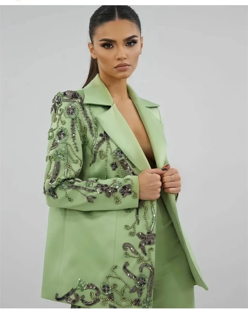 Designer Green Satin Women Suits Set Luxury Bead Applique Formal Wedding Evening Prom Dress 2 Pieces Blazer+Pants Customized