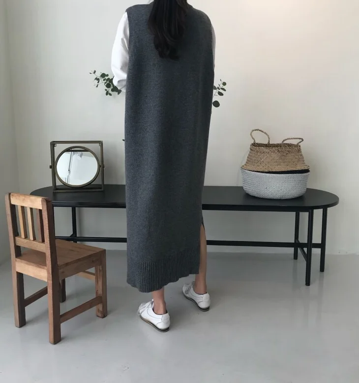 SuperAen Korean High Strecth Gray Long Vest Knitting Dress Autumn and Winter New Loose Waist Casual Pullover Dress