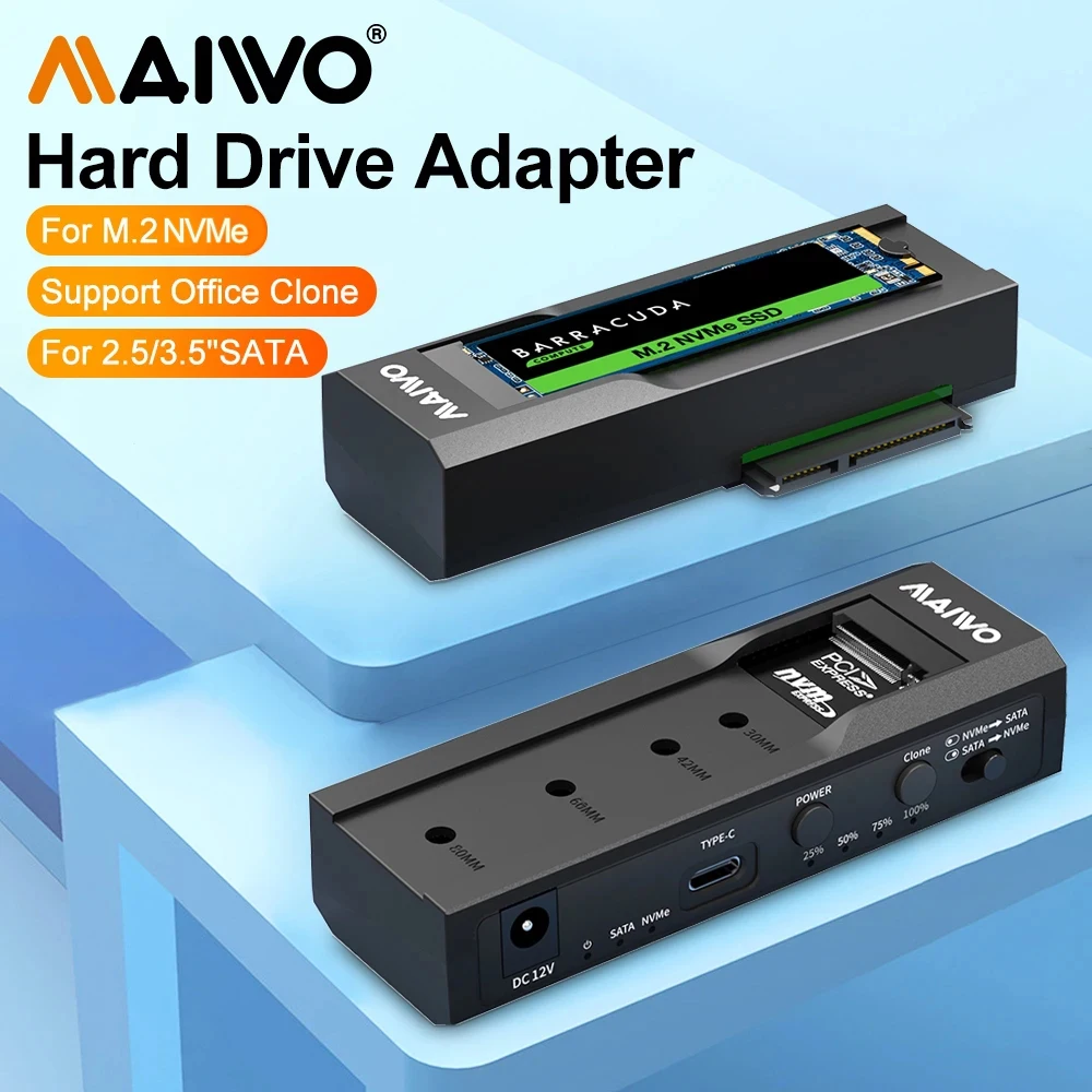 

MAIWO 10Gbps to dual bay HDD/NVMe M2 SSD HDD Clone Converter M.2 NVMe SSD Enclosure 2.5/3.5 Inch HDD External Storage Case box