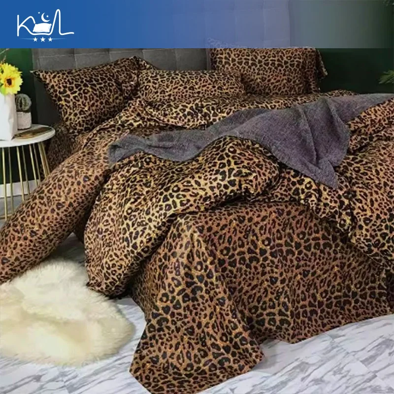 Black Leopard Print 4 Piece Bedding Set, Polycotton Duvet Cover Sheet with Pillowcases, Soft Home Textile for 1.5/1.8/2.0m Bed