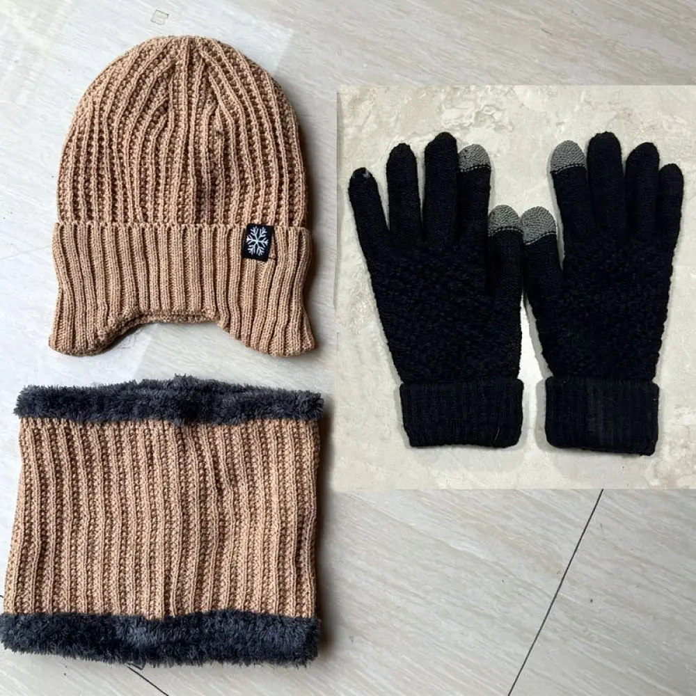 Mens Winter Thermal Beanie Hat Scarf Glove Set Thickened Knitted Ear Protection Caps Windproof Cold Weather Outdoor Utility Kit