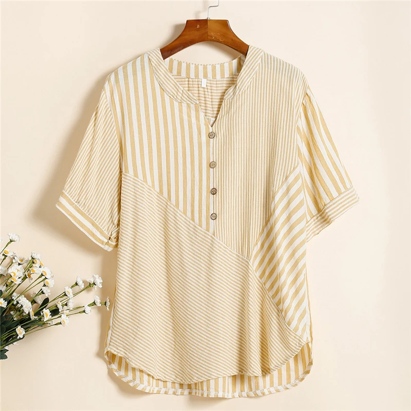 Women Striped Comfortable Cotton Linen Blouse Summer Simple Casual Loose Shirts Asymmetric Short Sleeve Tops Female Blusas Ropa