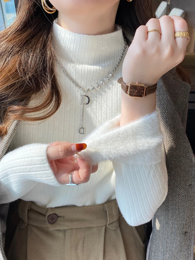 2025 Autumn Winter Thick Semi High Neck Bottoming Sweater for Women Warm Long Sleeved Faux Mink Fur Sweater Elegant Pullover