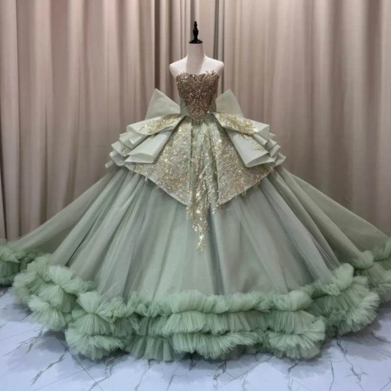Light Green Glitter Quinceanera Dresses Off Shoulder Ball Gown Sweet 16 Dress Lace Beading Bow Tull Corset Birthday Vestidos 15