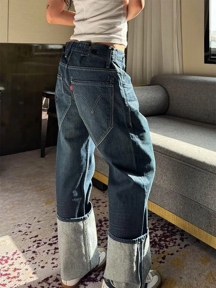 

Vintage Design Gallery Pocket Jeans Washed Flanged Floor-mopping Trousers