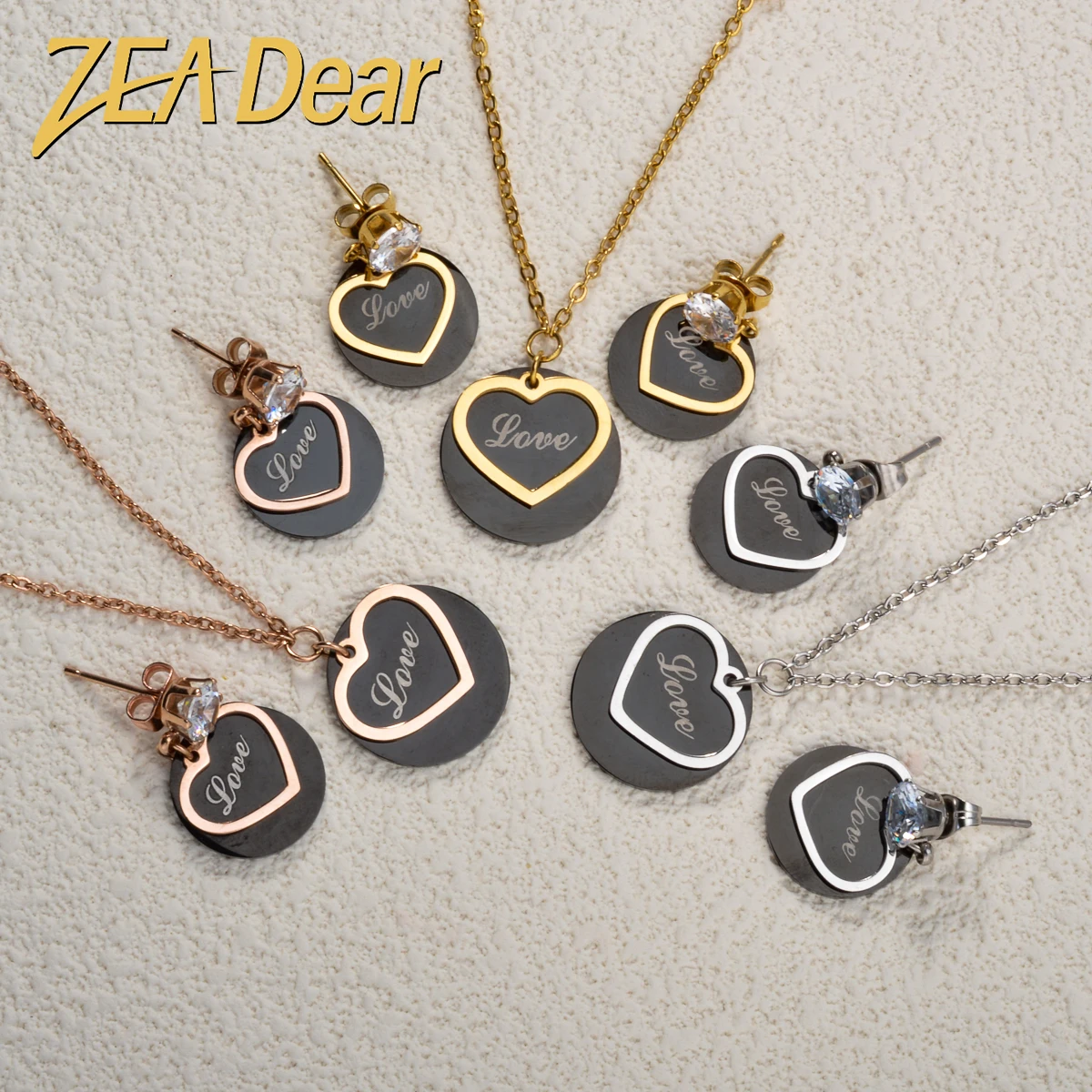 ZEADear Stainless Steel Jewelry Sets Romantic Necklace Heart Luxury Fashion Pendant Dubai 14K Gold Plated Earring Female Charms