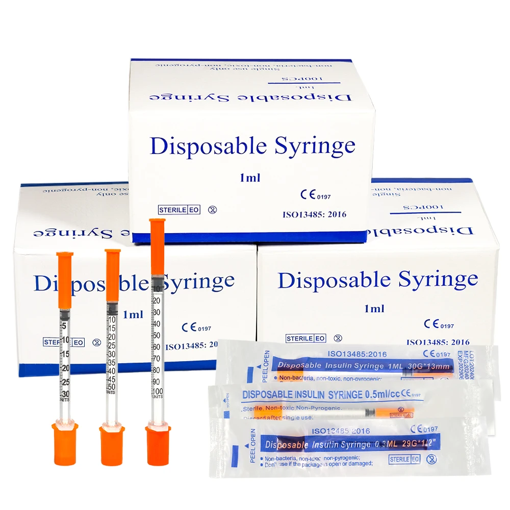 

0.3ml 0.5ml 1ml Manual Safety Sterile insulin Syringe With Multi-Spec Needle Orange Cap for Pet Farm Animal Cat Dog,100Pcs/Box