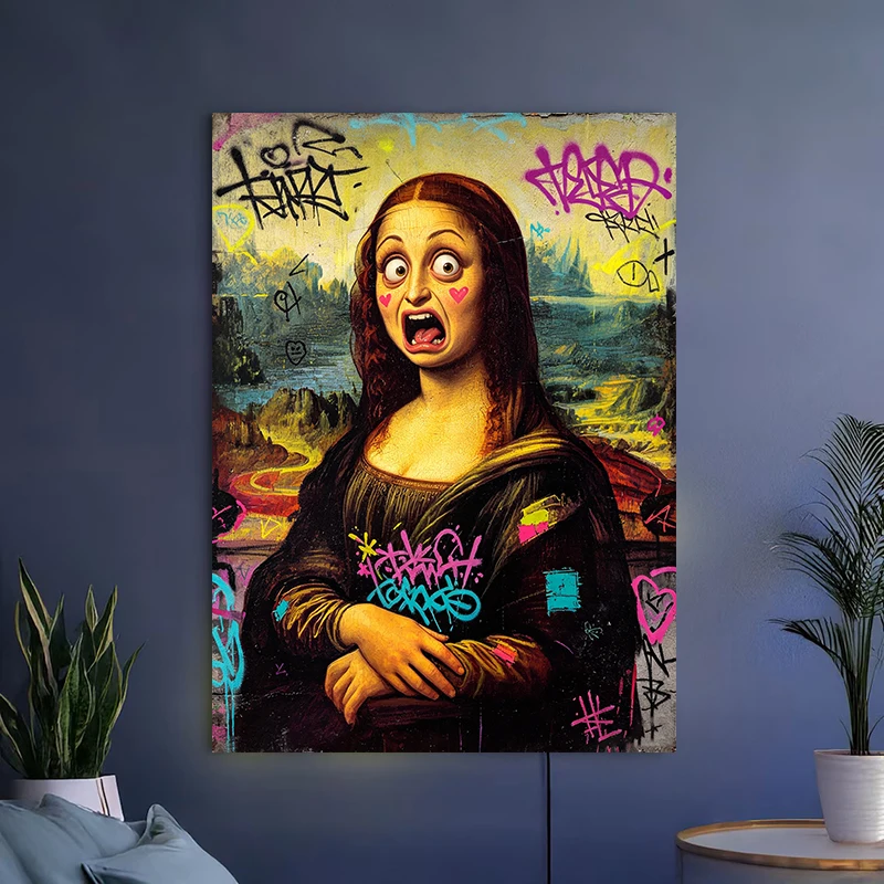 (No frame)Street Graffiti Art Canvas Painting Funny Mona Lisa Posters and Prints Pop Art Wall Picture for Living Room Home De