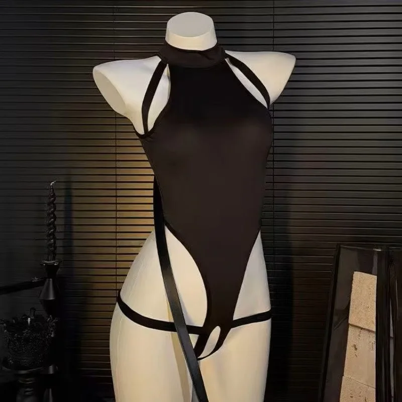 Sexy crotchless bodysuit, backless female version, high-neck bodysuit, one-piece female lingerie, curve bodysuit