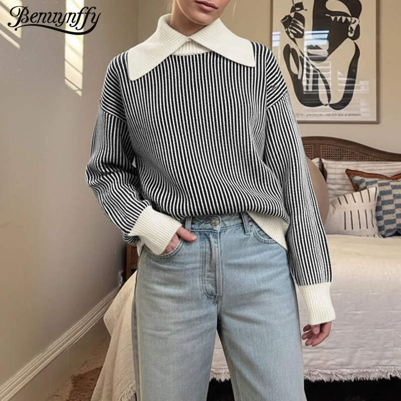 

Benuynffy полосатый вязаный свитер с высоким воротником женский, осень-зима 2022, новый повседневный теплый пуловер в стиле ретро, женский топ
