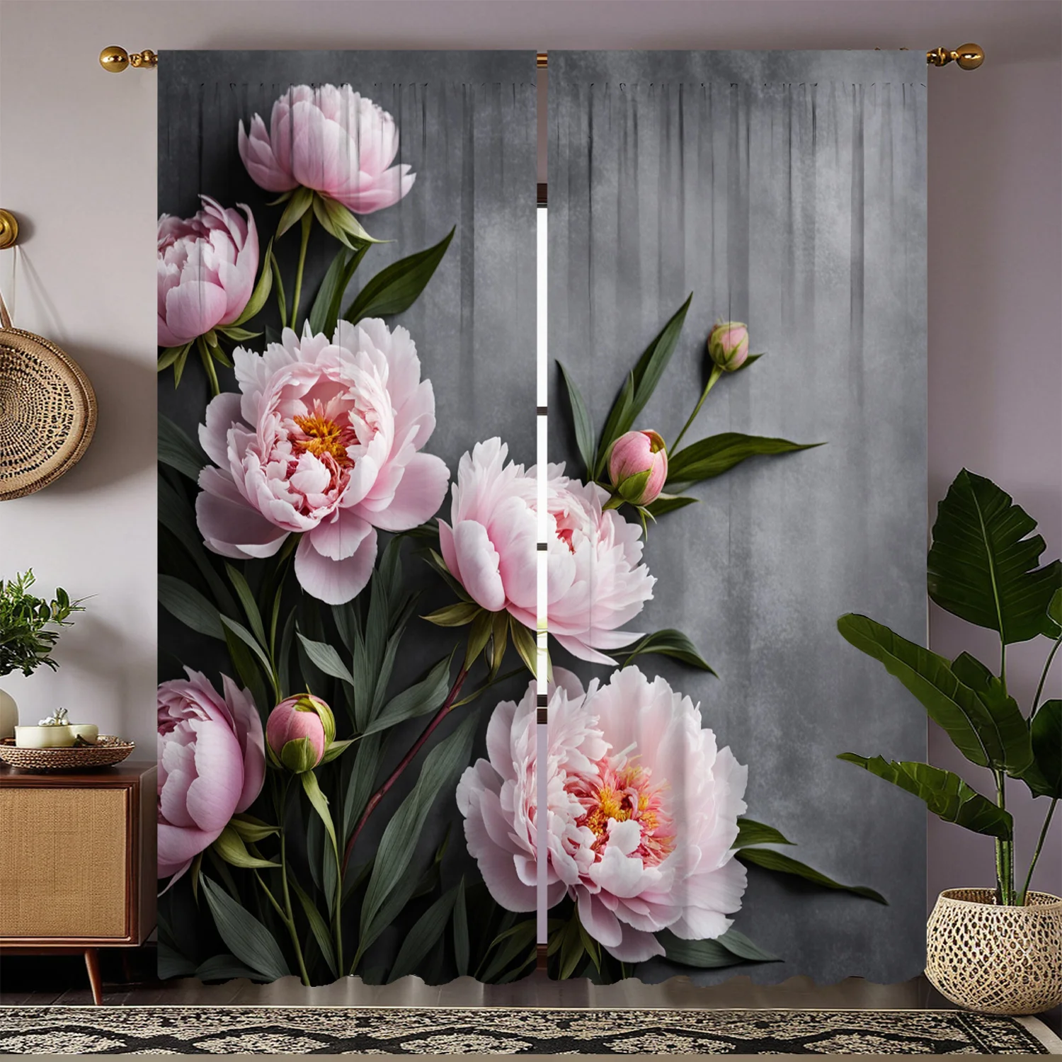 2pc Pink peony print curtains, polyester fabric, machine washable, suitable for bedroom living room decoration