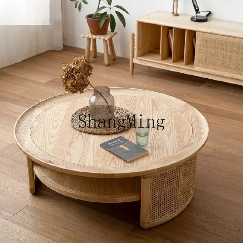 

ZYY log round coffee table modern simple rattan tea table home living room dining room round table