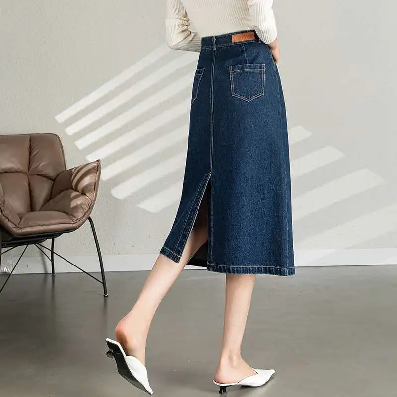 

Джинсовая юбка-трапеция для женщин, осенняя, с разрезом, скрывающая бедра, с завышенной талией, из ПВХ-ткани, Ciwalk, подходит для похудения