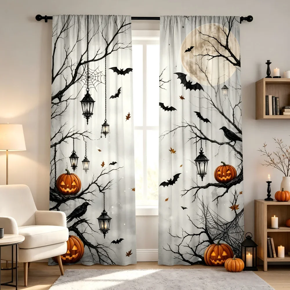 2PCS Digital Printed Curtain, Halloween Spooky Tree Branch with Pumpkin Bats, Dark Gothic Halloween Style Window Drapes Decor