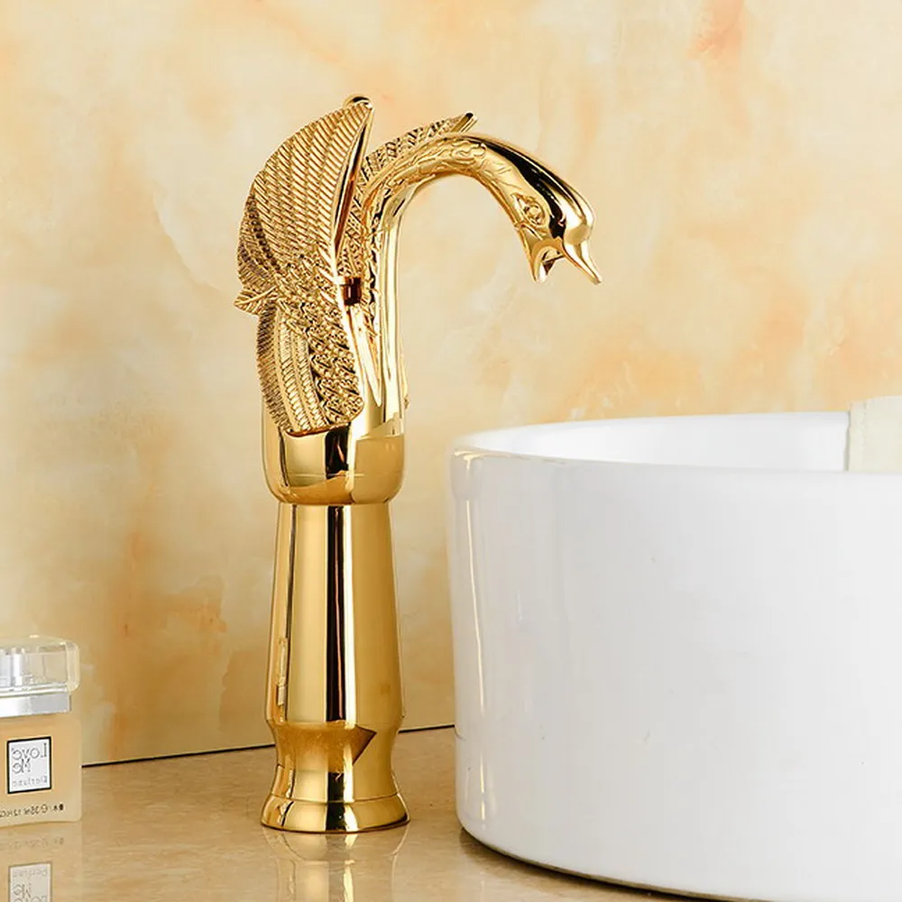 

Luxury Gold Color Brass Carved Animal Swan Shape Single Handle Bathroom Faucet Sink Basin Cold / Hot Mixer Tap anf179