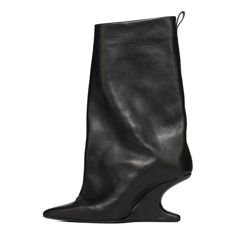 New Women's Pointed Toe Mid Calf Boots Unique Sculptural Wedge Heel Slip On Suede Leather Boots Party Fashion Shoes 35-43