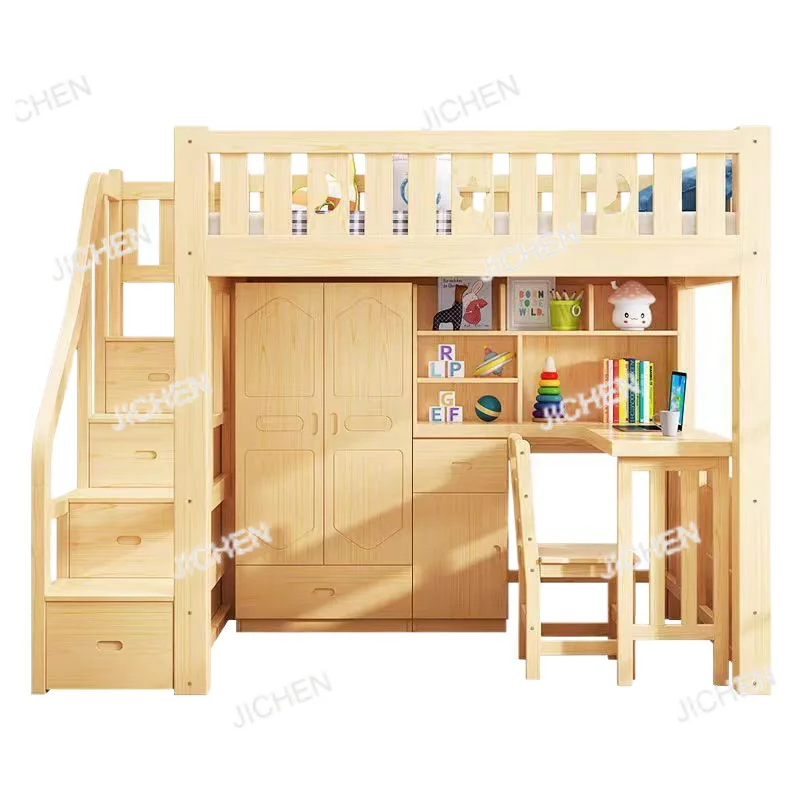 Solid wood bed, lower table, high and low bed, integrated wardrobe, multi-functional desk, study bed, elevated small apartment
