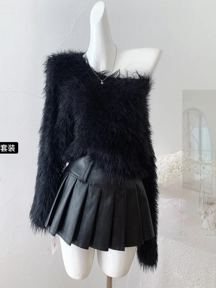 Winter Women Shoujo Girl 2000s Dark Academia Y2k Outfits 2 Piece Set Long Sleeve Fluffy Crop Tops + Gyaru Mini Pleated Skirt New