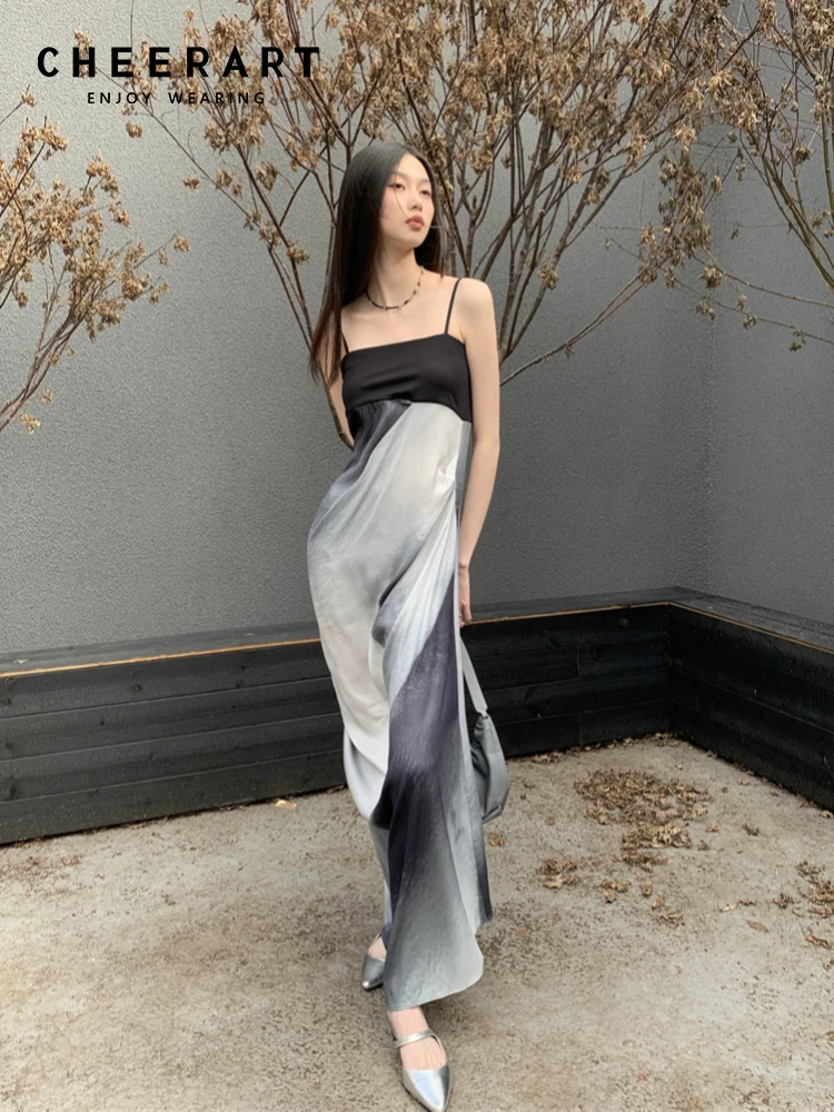 CHEERART Ink Printing Long Slip Dresses For Women 2023 Summer Backless Patchwork Designer Fashion A Line Maxi Dress Clothing