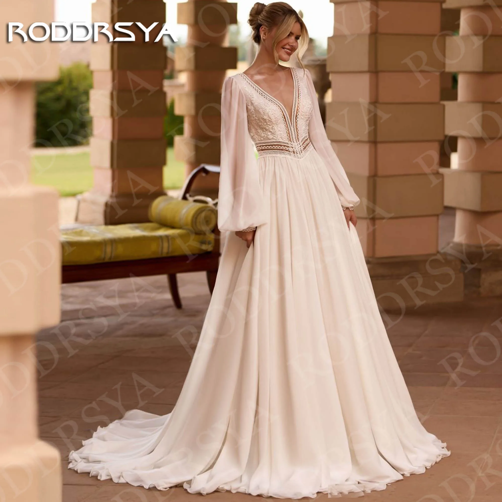 RODDRSYA V Neck Wedding Dress Chiffon Long Sleeve Open Back Bohemian Lace Beach Bridal Dresses Customized vestido de novia boda