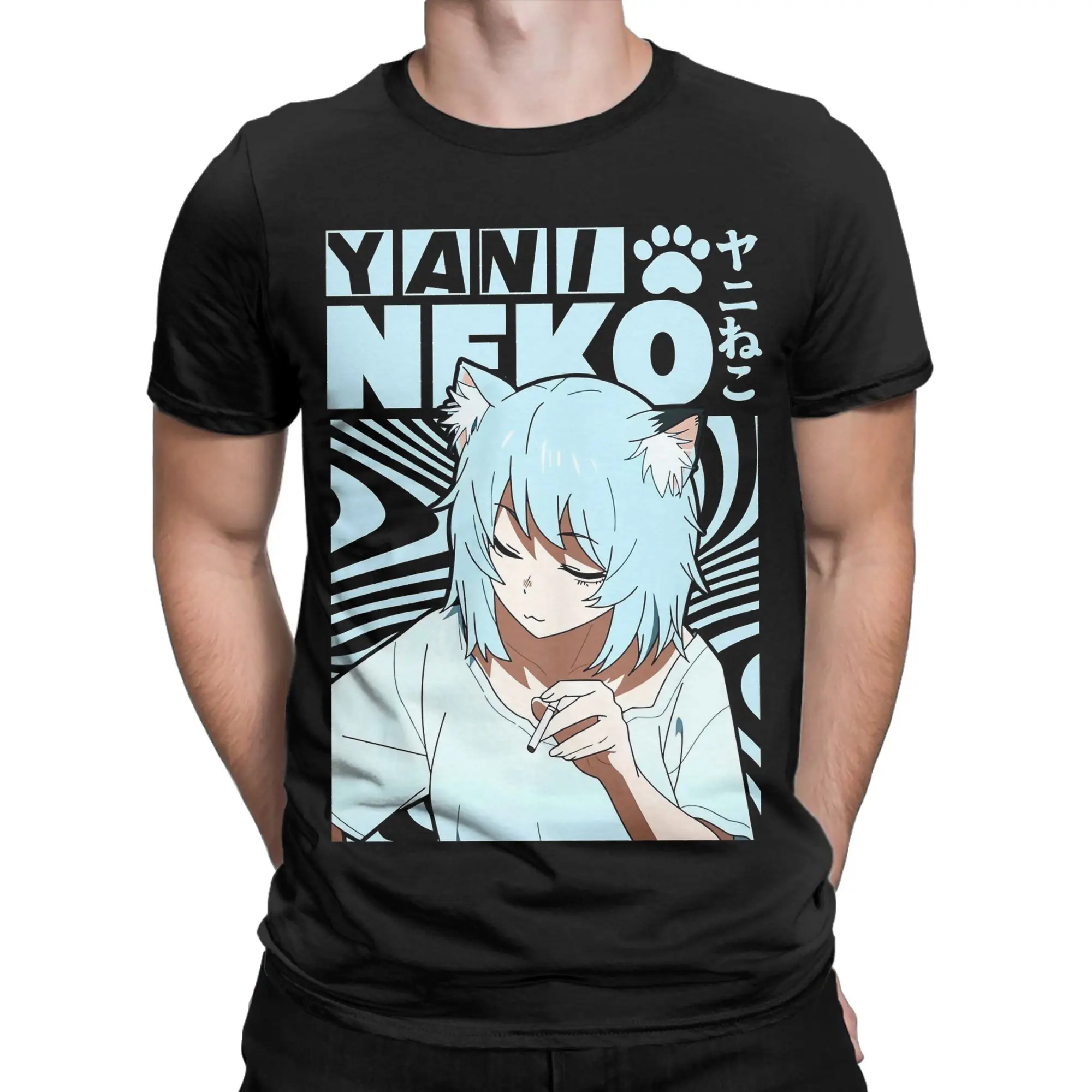 Leisure Chainsmoker Cat Yani Neko Anime T-Shirt Men O Neck Pure Cotton T Shirt  Short Sleeve Tees Graphic Clothing