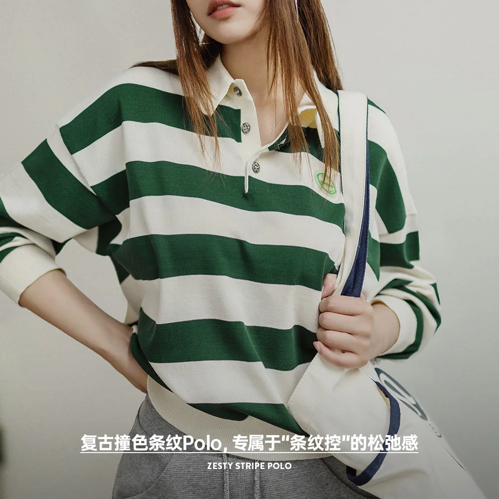 Maden Retro Classic White and Green Color Blocking Striped Polo Shirt for Women Autumn Long-sleeved T-shirt Loose Casual Tops