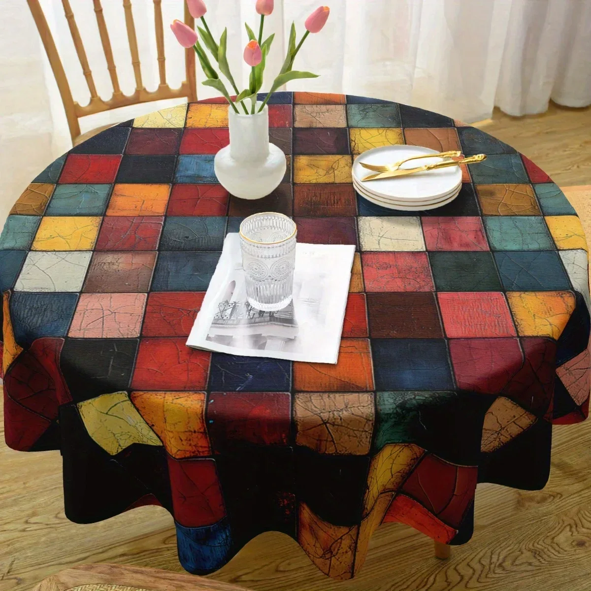 One polyester round tablecloth - featuring a geometric collage design in red, black and beige colorsxzj